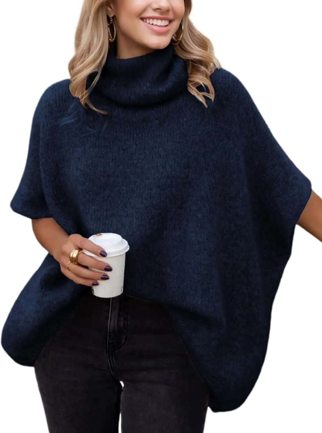Womens Turtleneck Short Batwing Sleeve Sweater Knitted Oversized Chunky Dolman Tops