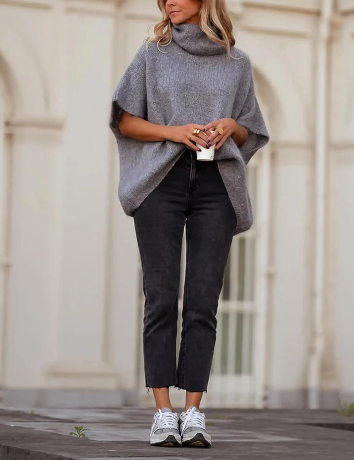 Womens Turtleneck Short Batwing Sleeve Sweater Knitted Oversized Chunky Dolman Tops
