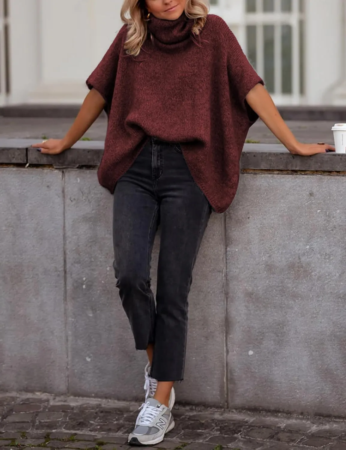 Womens Turtleneck Short Batwing Sleeve Sweater Knitted Oversized Chunky Dolman Tops