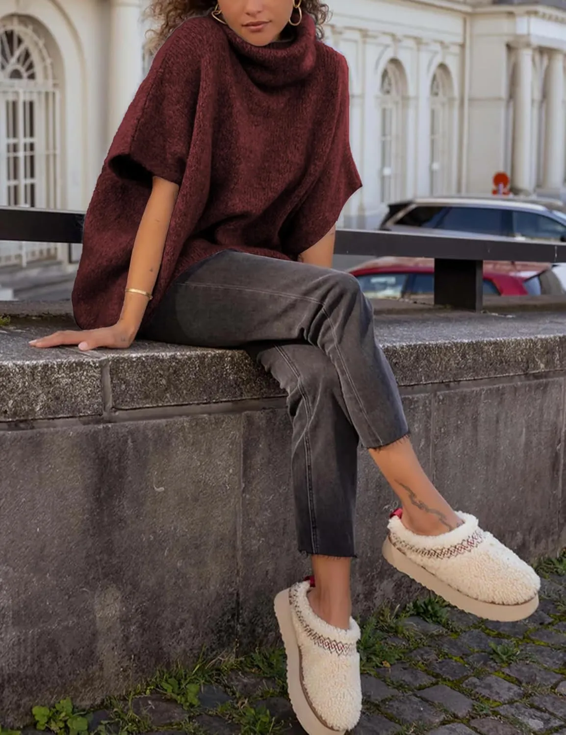Womens Turtleneck Short Batwing Sleeve Sweater Knitted Oversized Chunky Dolman Tops