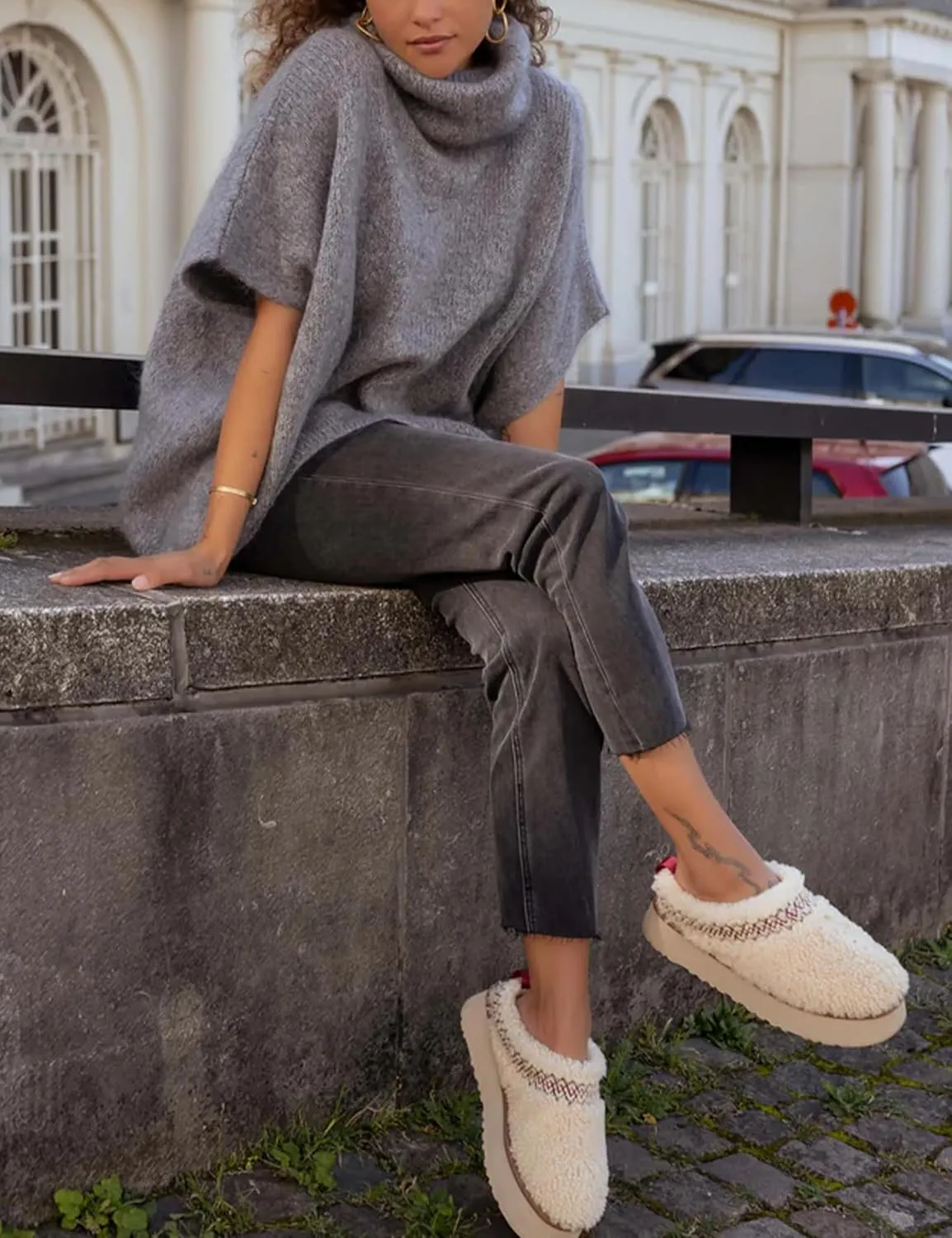 Womens Turtleneck Short Batwing Sleeve Sweater Knitted Oversized Chunky Dolman Tops