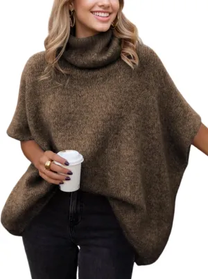 Womens Turtleneck Short Batwing Sleeve Sweater Knitted Oversized Chunky Dolman Tops