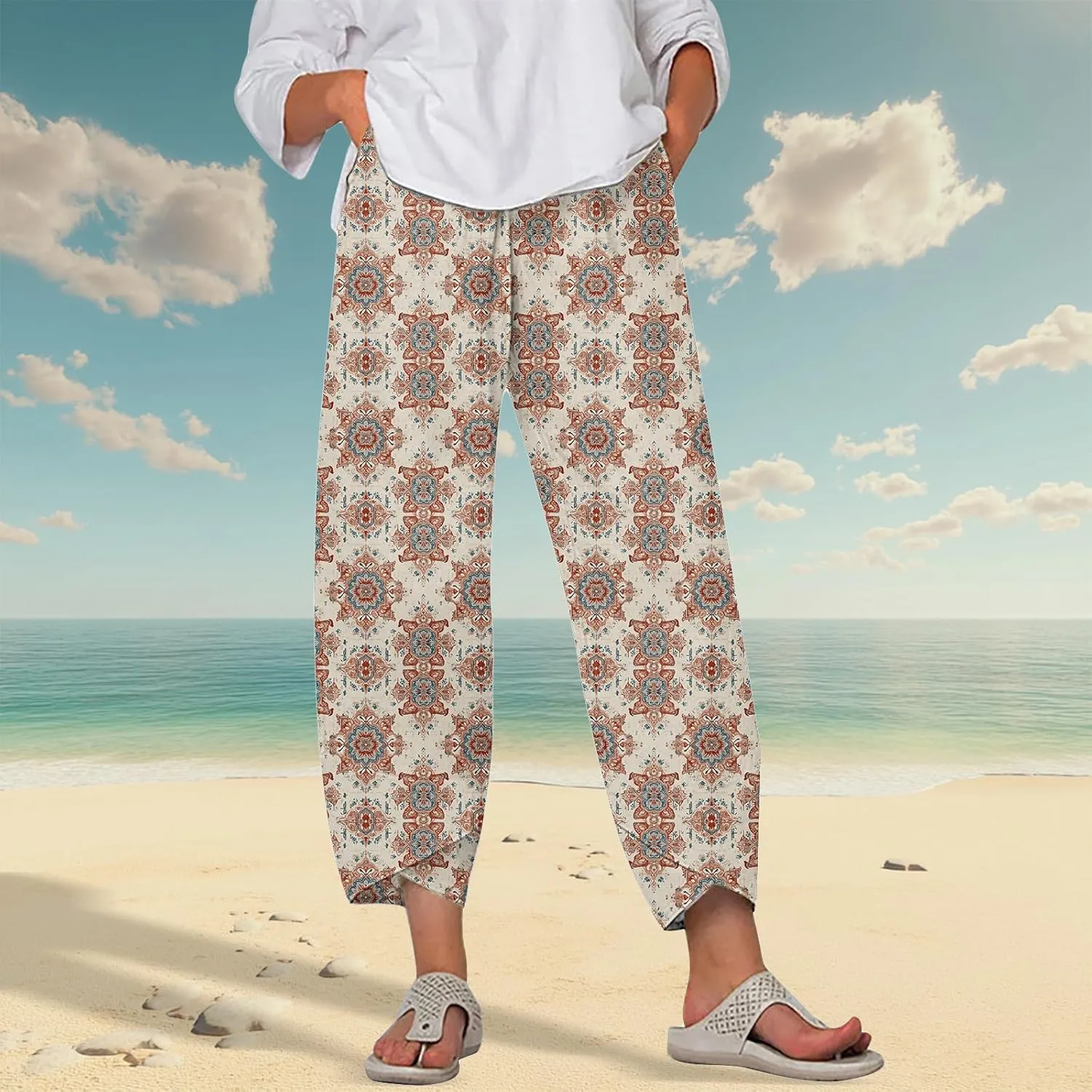 Womens Wide Leg Cotton Linen Pants Summer Casual Palazzo Cropped Pants Loose Elastic Waist Capri Trousers with Pockets