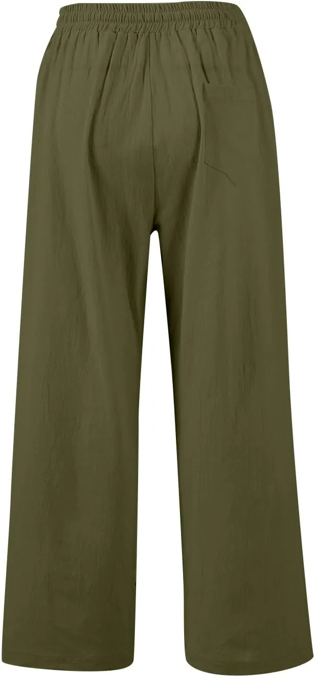 Womens Wide Leg Pants Linen 2025 Beach Summer Drawstring Elastic Waist Pants High Rise with Pocket Comfy Solid Trouser