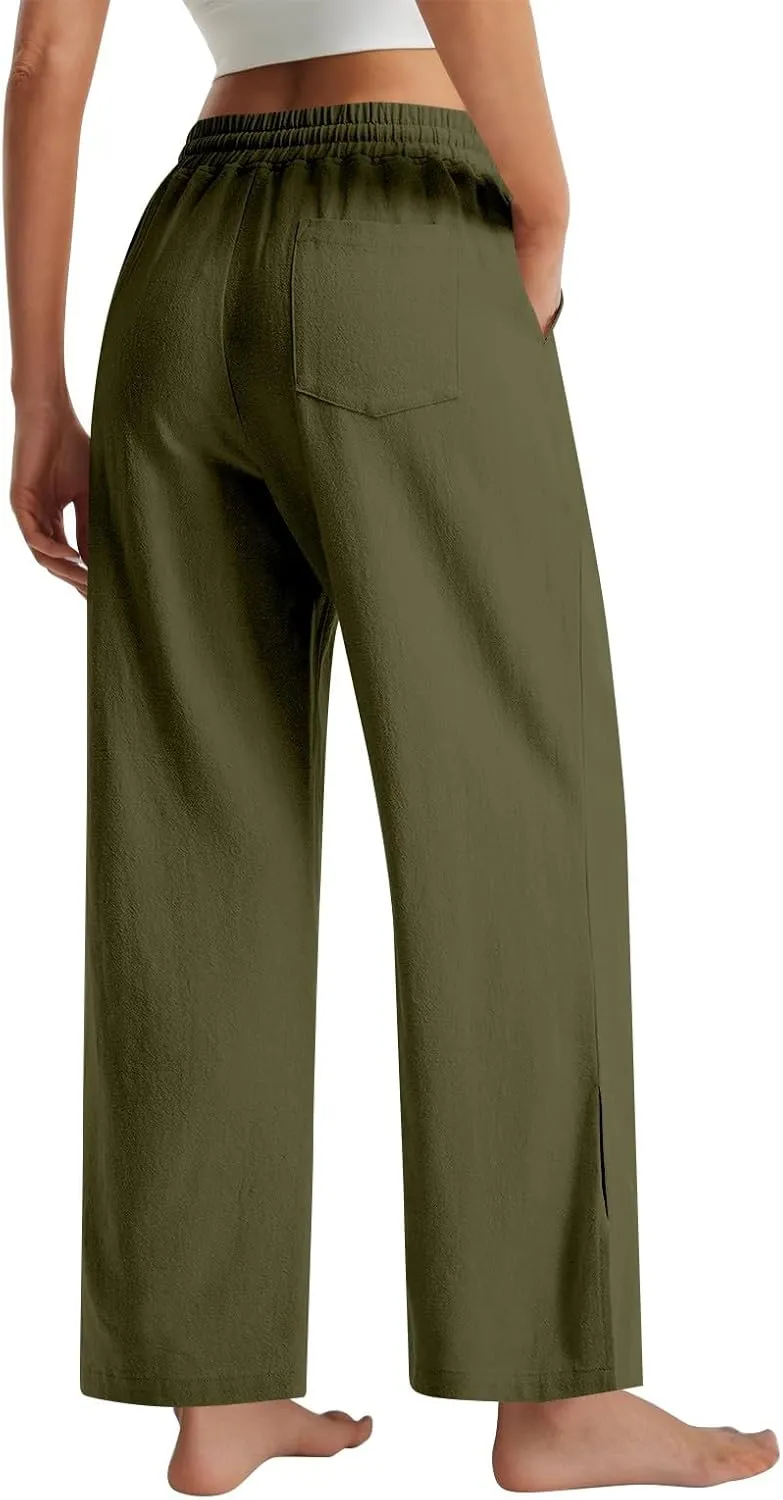 Womens Wide Leg Pants Linen 2025 Beach Summer Drawstring Elastic Waist Pants High Rise with Pocket Comfy Solid Trouser