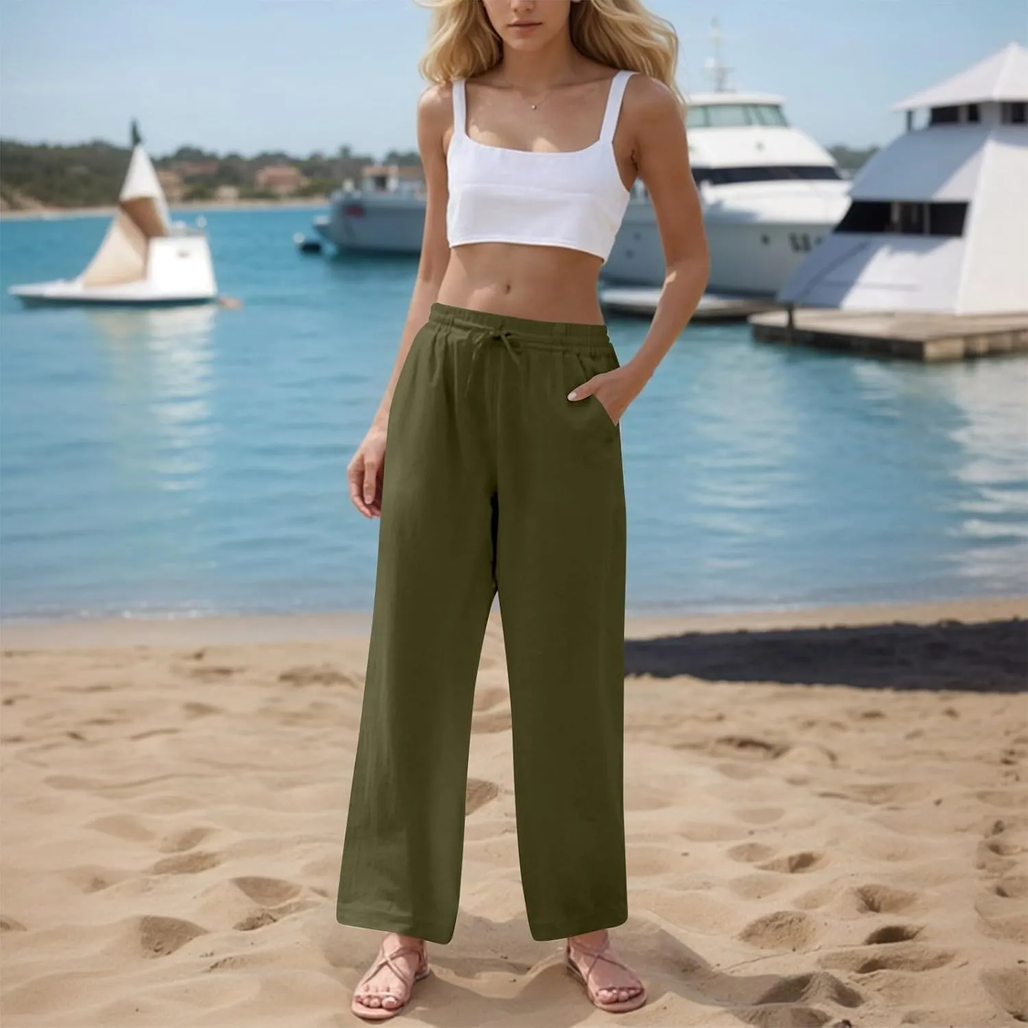 Womens Wide Leg Pants Linen 2025 Beach Summer Drawstring Elastic Waist Pants High Rise with Pocket Comfy Solid Trouser