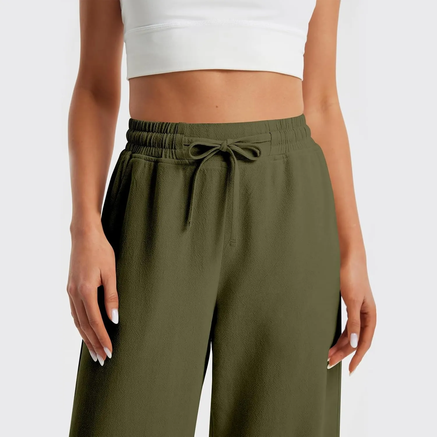 Womens Wide Leg Pants Linen 2025 Beach Summer Drawstring Elastic Waist Pants High Rise with Pocket Comfy Solid Trouser