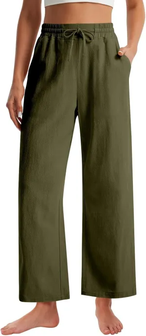Womens Wide Leg Pants Linen 2025 Beach Summer Drawstring Elastic Waist Pants High Rise with Pocket Comfy Solid Trouser