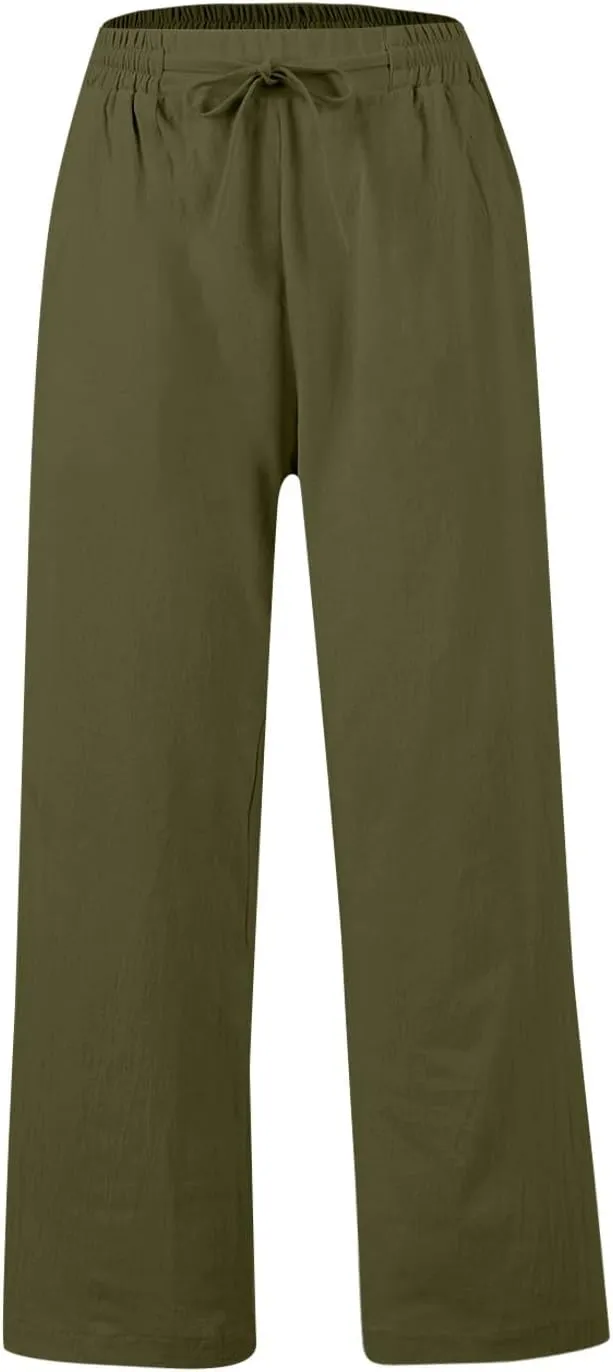 Womens Wide Leg Pants Linen 2025 Beach Summer Drawstring Elastic Waist Pants High Rise with Pocket Comfy Solid Trouser
