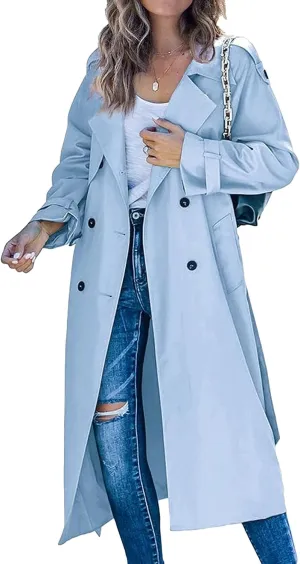 Women's Windproof Trench Coat Notched Lapel Double Breasted Long Overcoat Casual Fall Winter Windbreaker Outerwear