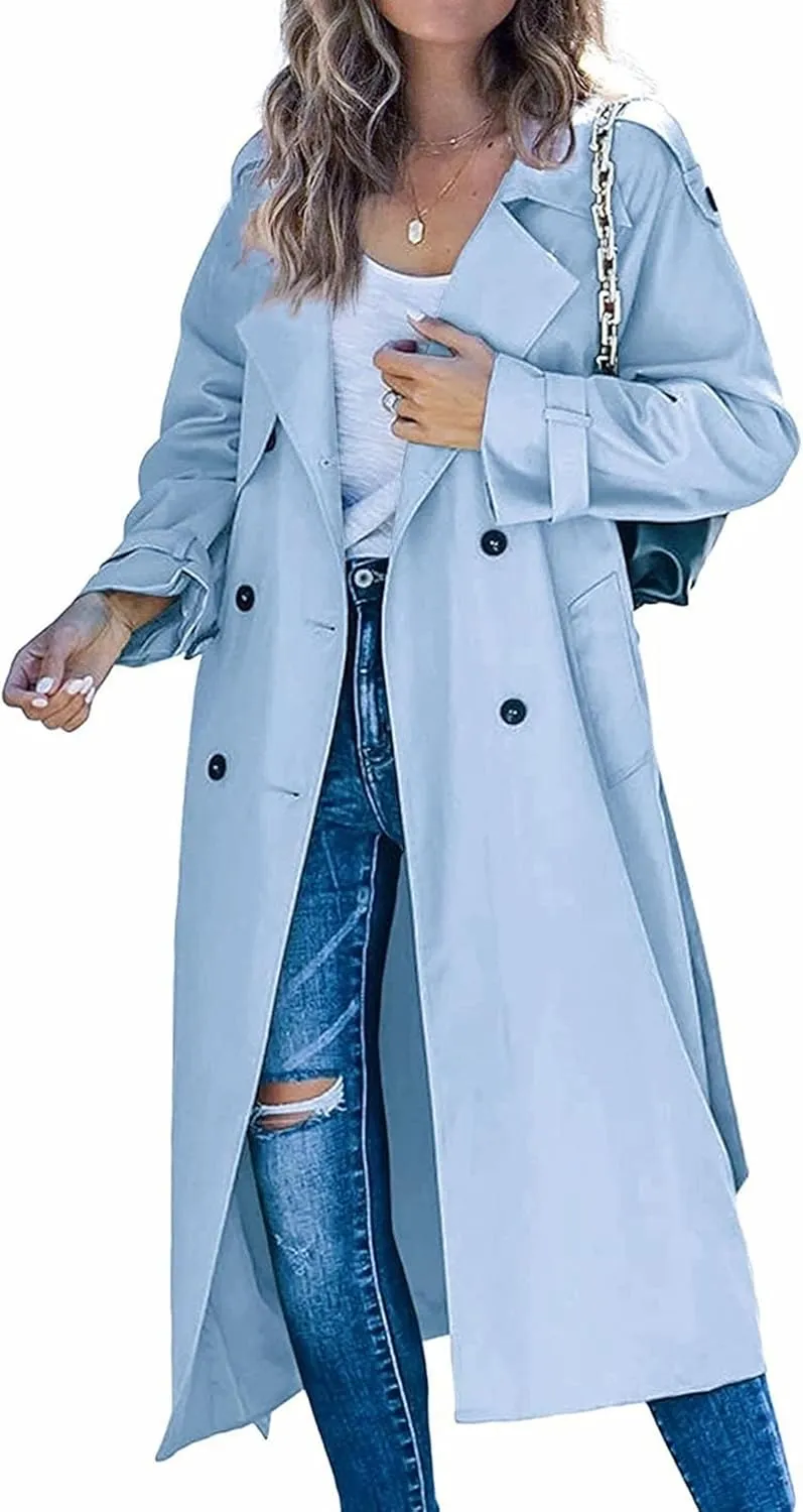 Women's Windproof Trench Coat Notched Lapel Double Breasted Long Overcoat Casual Fall Winter Windbreaker Outerwear