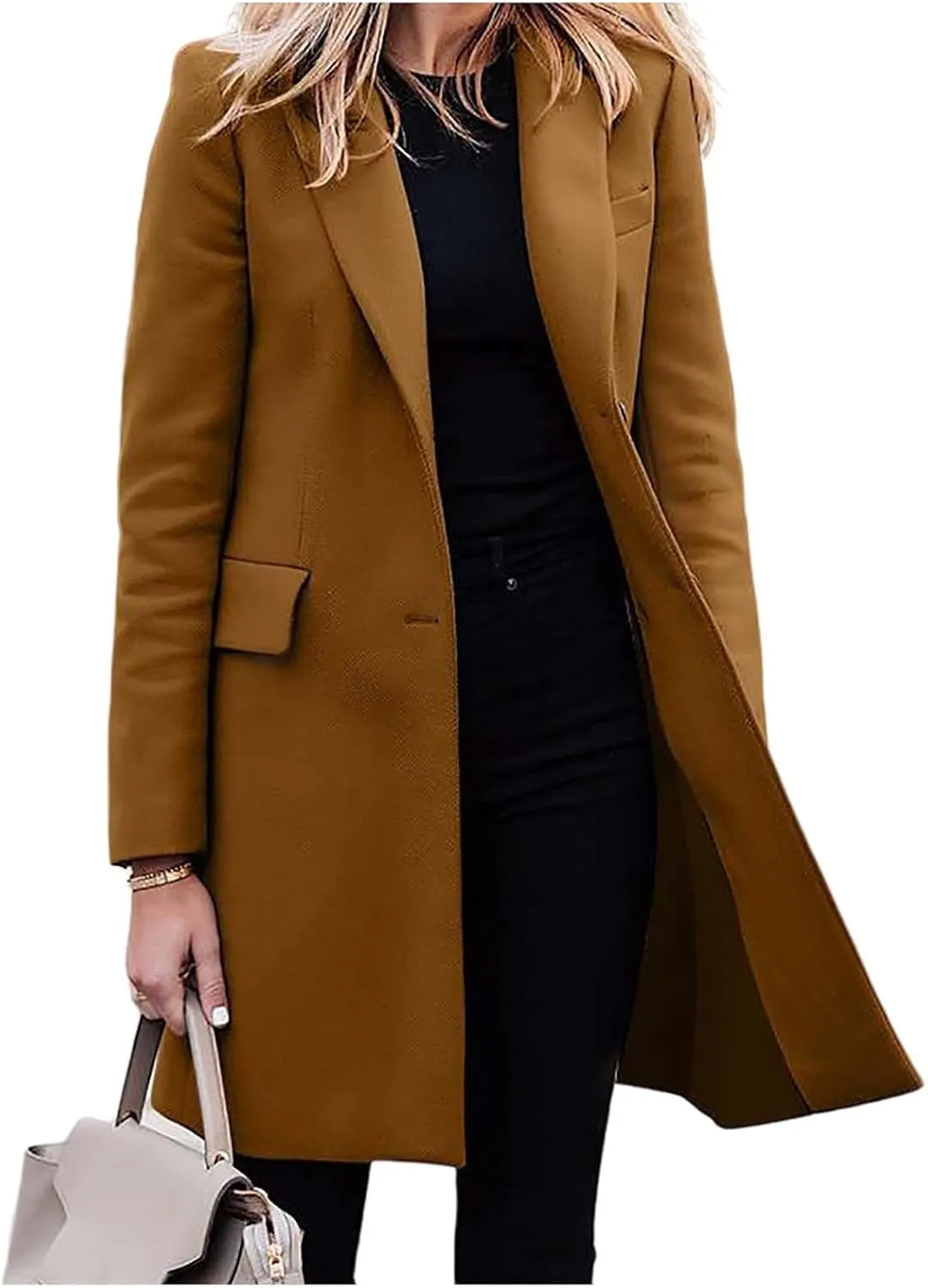 Women's Winter Casual Long Wool Blend Pea Coat Overcoat Notched Lapel Collar Trench Coat Belted Long Jacket Outerwear