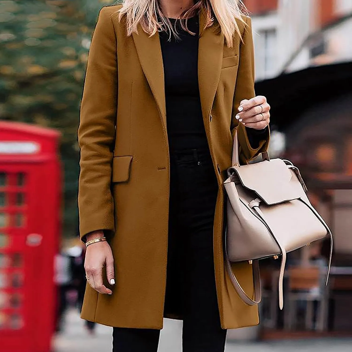 Women's Winter Casual Long Wool Blend Pea Coat Overcoat Notched Lapel Collar Trench Coat Belted Long Jacket Outerwear