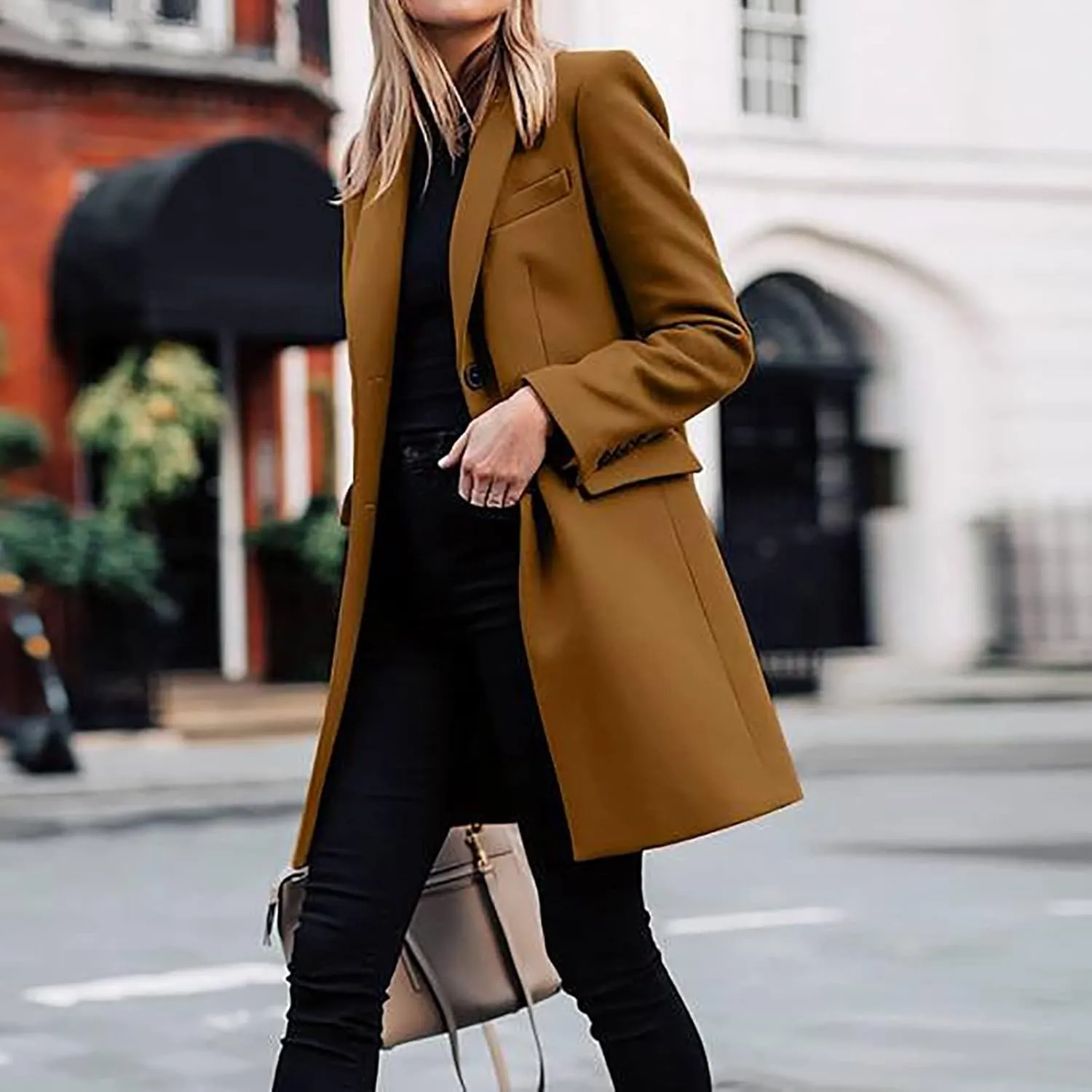 Women's Winter Casual Long Wool Blend Pea Coat Overcoat Notched Lapel Collar Trench Coat Belted Long Jacket Outerwear