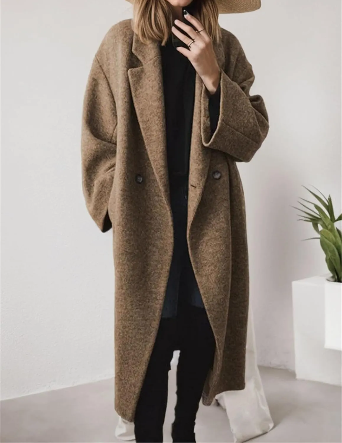 Women's Winter Notched Lapel Trench Coats Double-Breasted Pea Coat Casual Slouchy Overcoat Long Jacket Outerwear