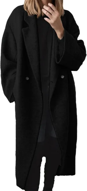 Women's Winter Notched Lapel Trench Coats Double-Breasted Pea Coat Casual Slouchy Overcoat Long Jacket Outerwear