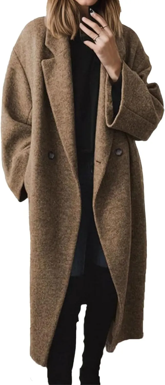 Women's Winter Notched Lapel Trench Coats Double-Breasted Pea Coat Casual Slouchy Overcoat Long Jacket Outerwear