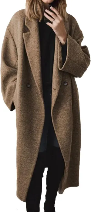 Women's Winter Notched Lapel Trench Coats Double-Breasted Pea Coat Casual Slouchy Overcoat Long Jacket Outerwear