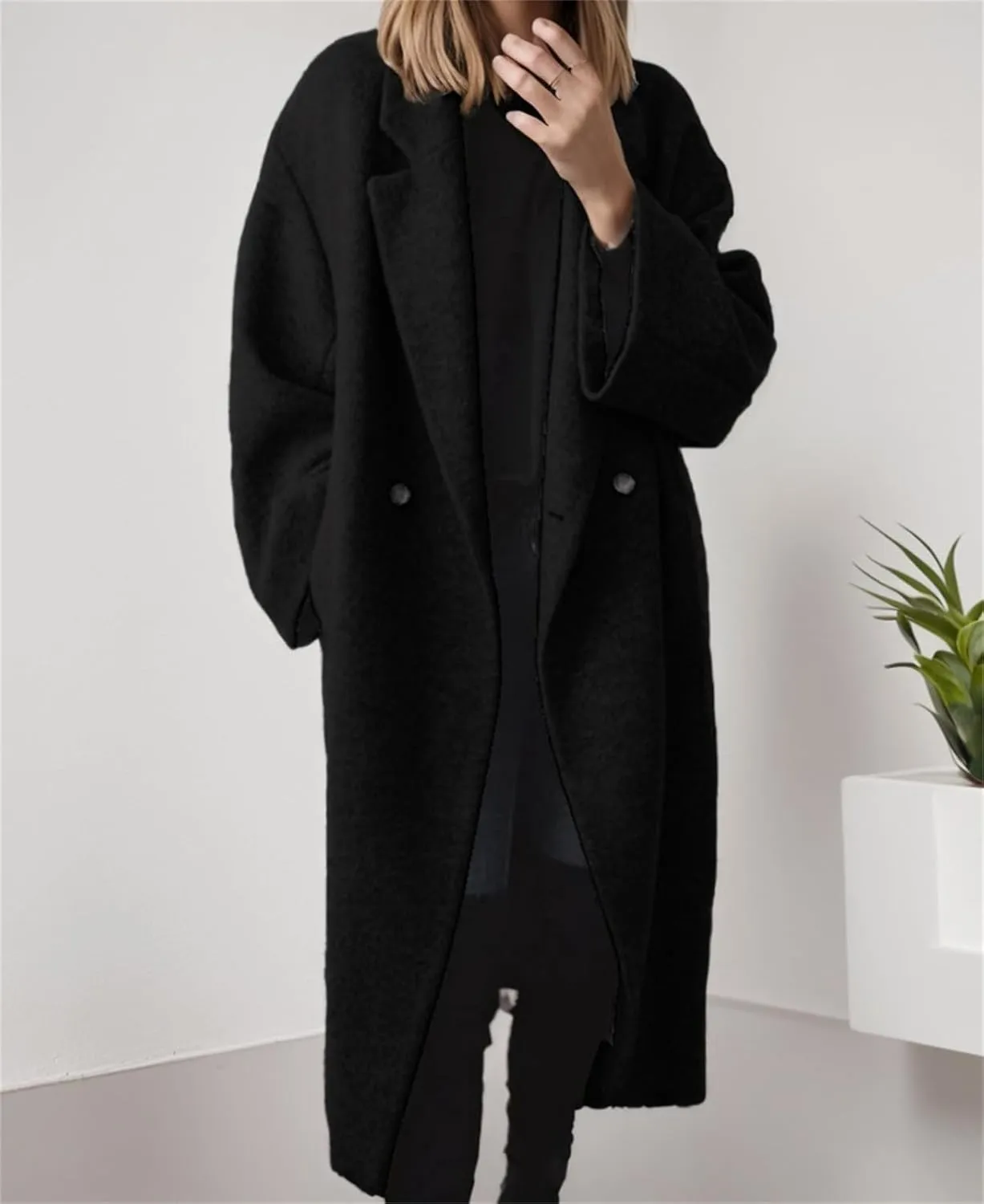 Women's Winter Notched Lapel Trench Coats Double-Breasted Pea Coat Casual Slouchy Overcoat Long Jacket Outerwear