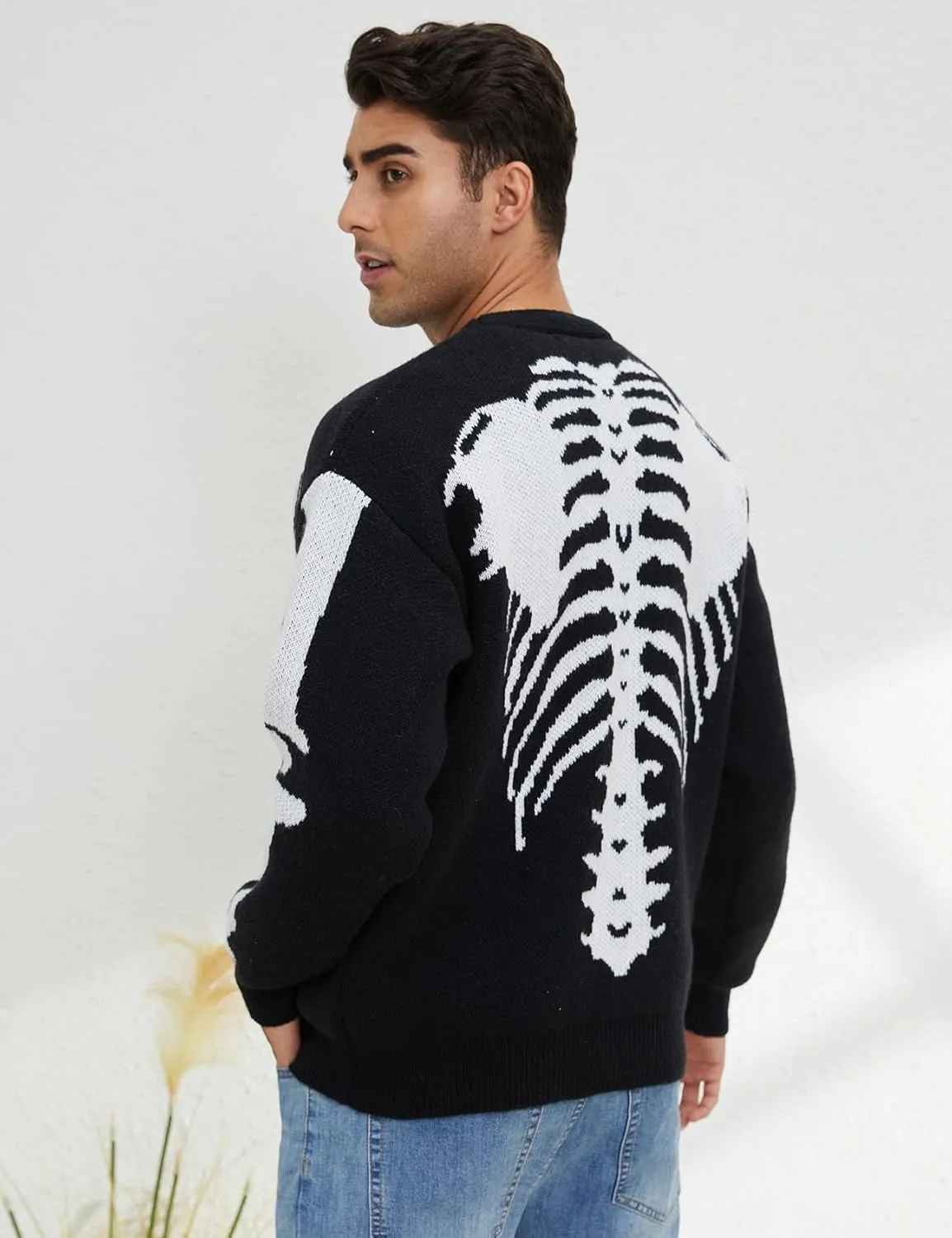 Wyeysyt Men's Skeleton Print Cardigan Sweaters Long Sleeve Oversized V Neck Button Down Outwear Coats
