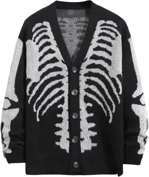 Wyeysyt Men's Skeleton Print Cardigan Sweaters Long Sleeve Oversized V Neck Button Down Outwear Coats
