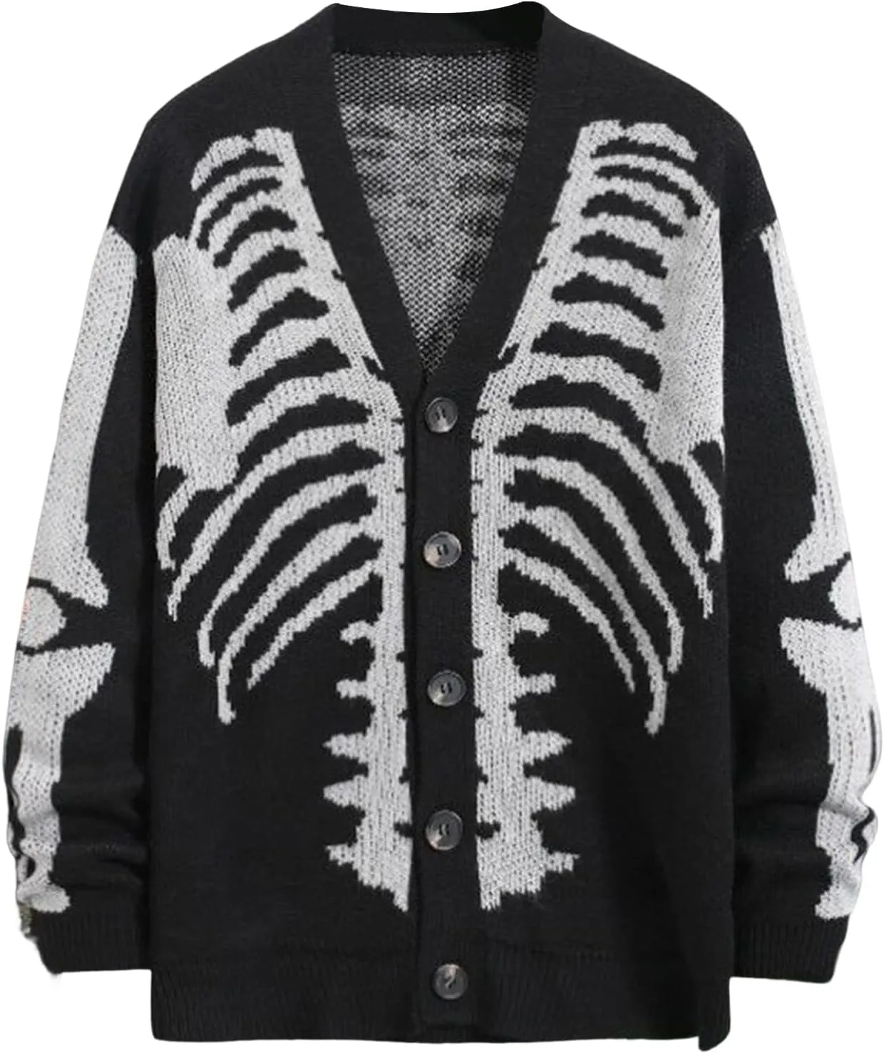 Wyeysyt Men's Skeleton Print Cardigan Sweaters Long Sleeve Oversized V Neck Button Down Outwear Coats