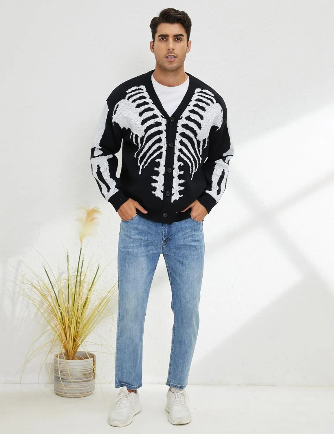 Wyeysyt Men's Skeleton Print Cardigan Sweaters Long Sleeve Oversized V Neck Button Down Outwear Coats