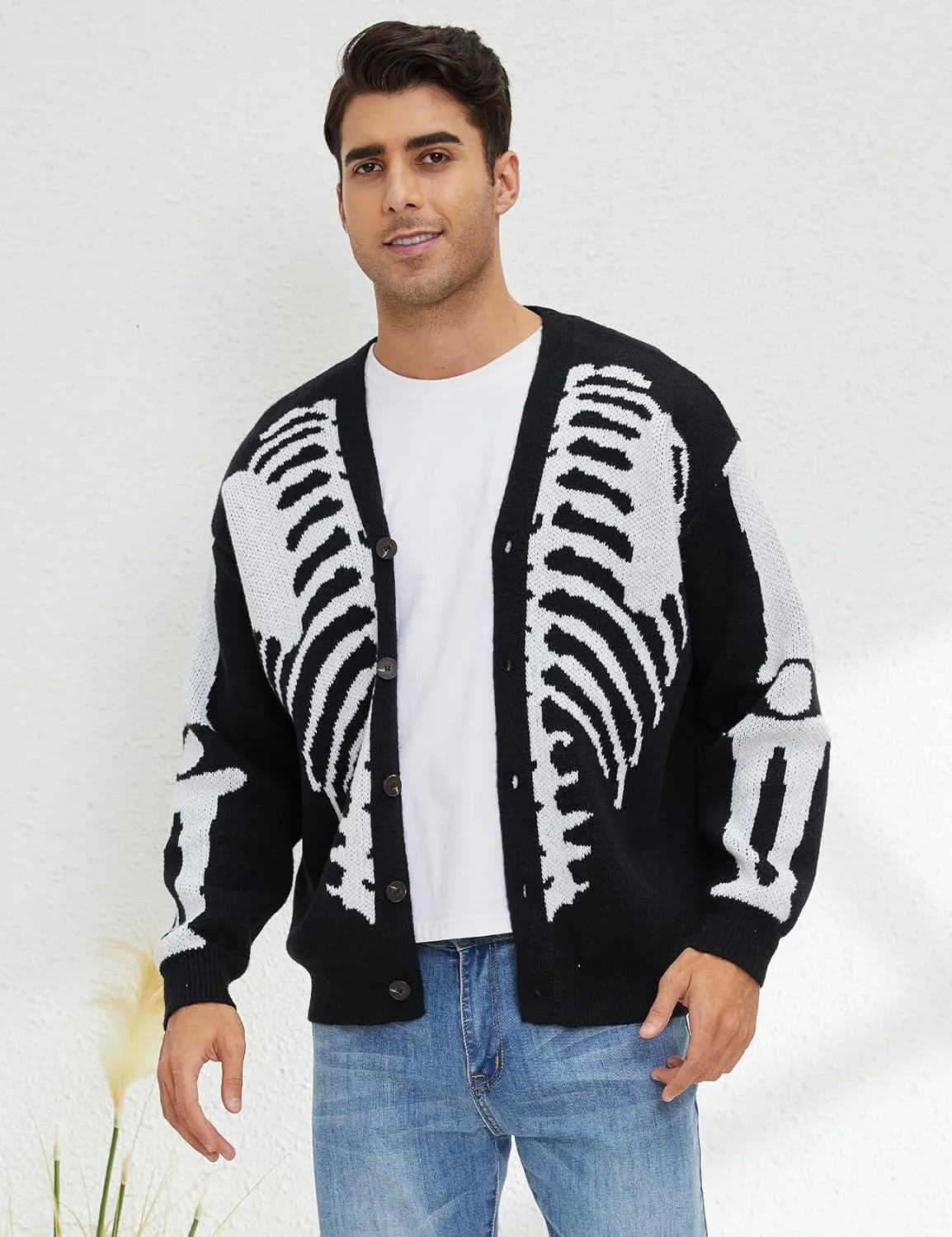 Wyeysyt Men's Skeleton Print Cardigan Sweaters Long Sleeve Oversized V Neck Button Down Outwear Coats