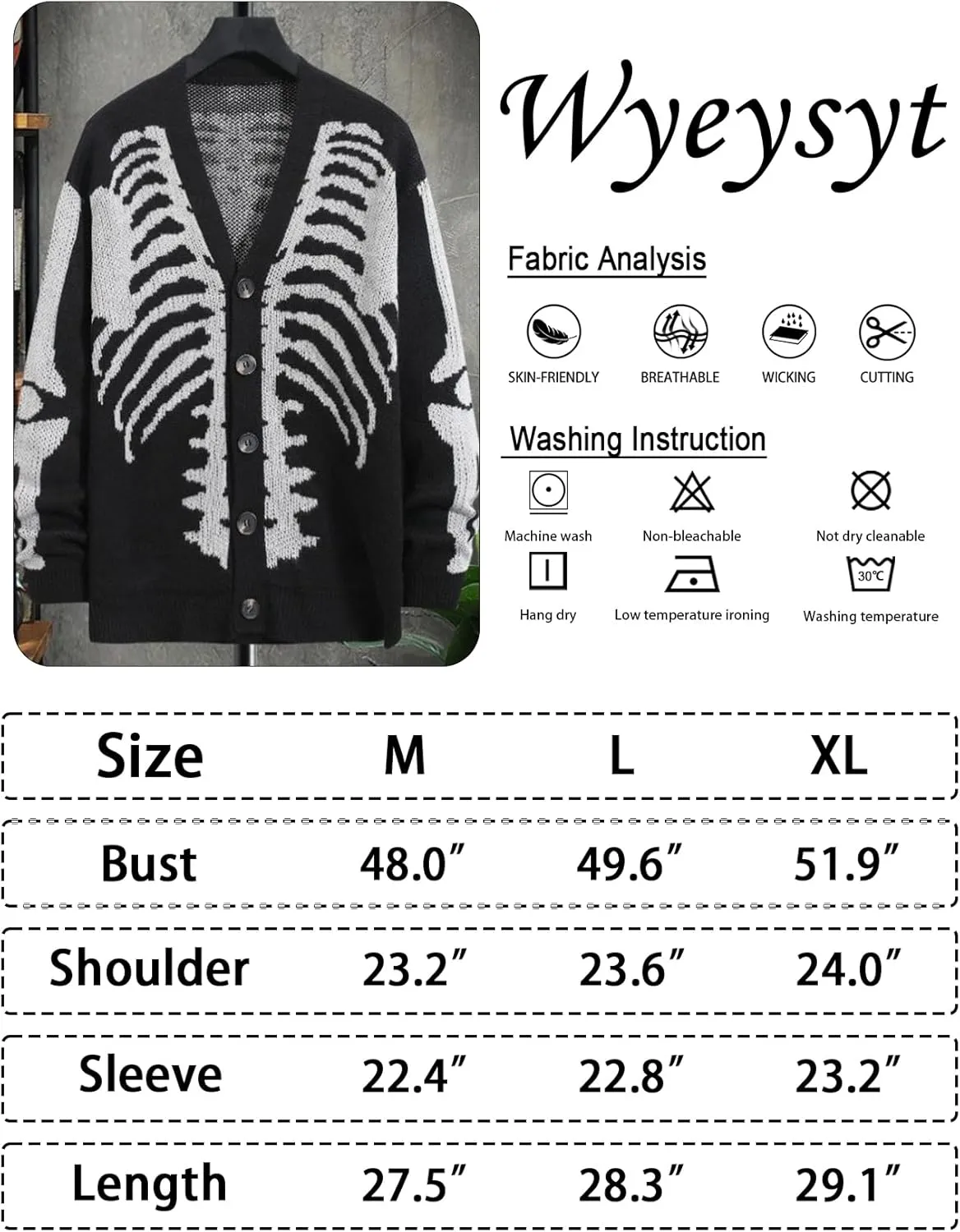 Wyeysyt Men's Skeleton Print Cardigan Sweaters Long Sleeve Oversized V Neck Button Down Outwear Coats