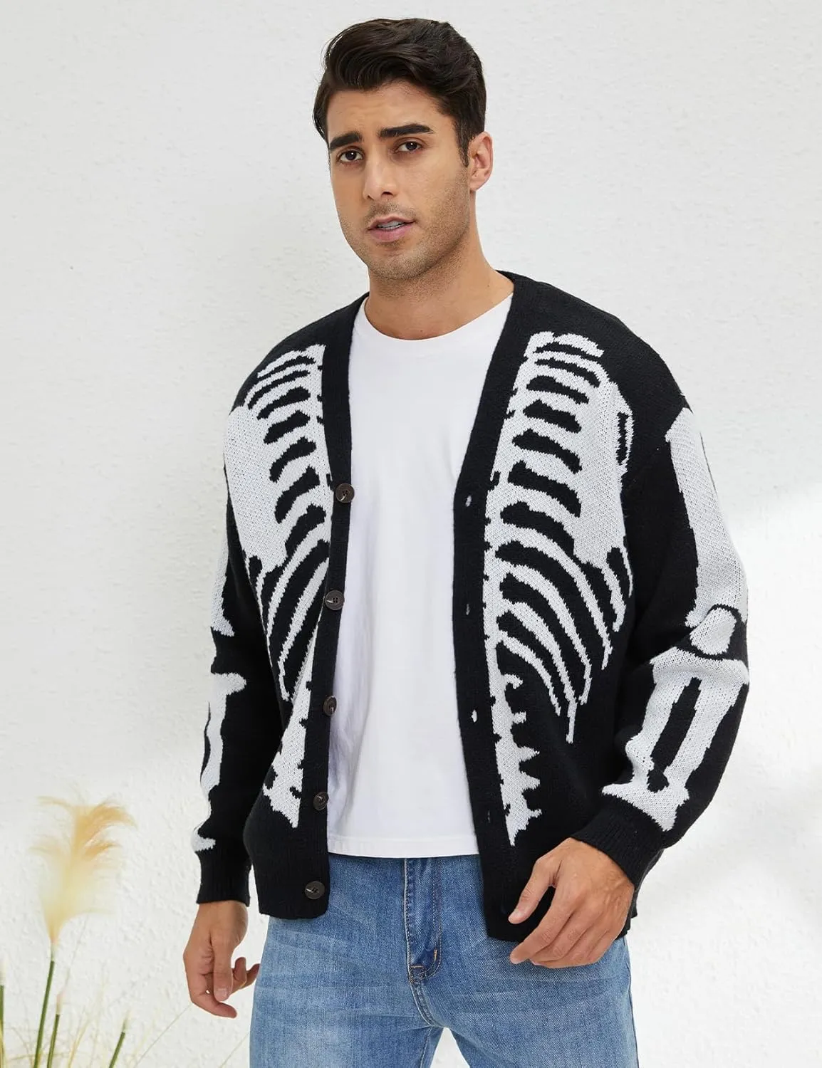 Wyeysyt Men's Skeleton Print Cardigan Sweaters Long Sleeve Oversized V Neck Button Down Outwear Coats