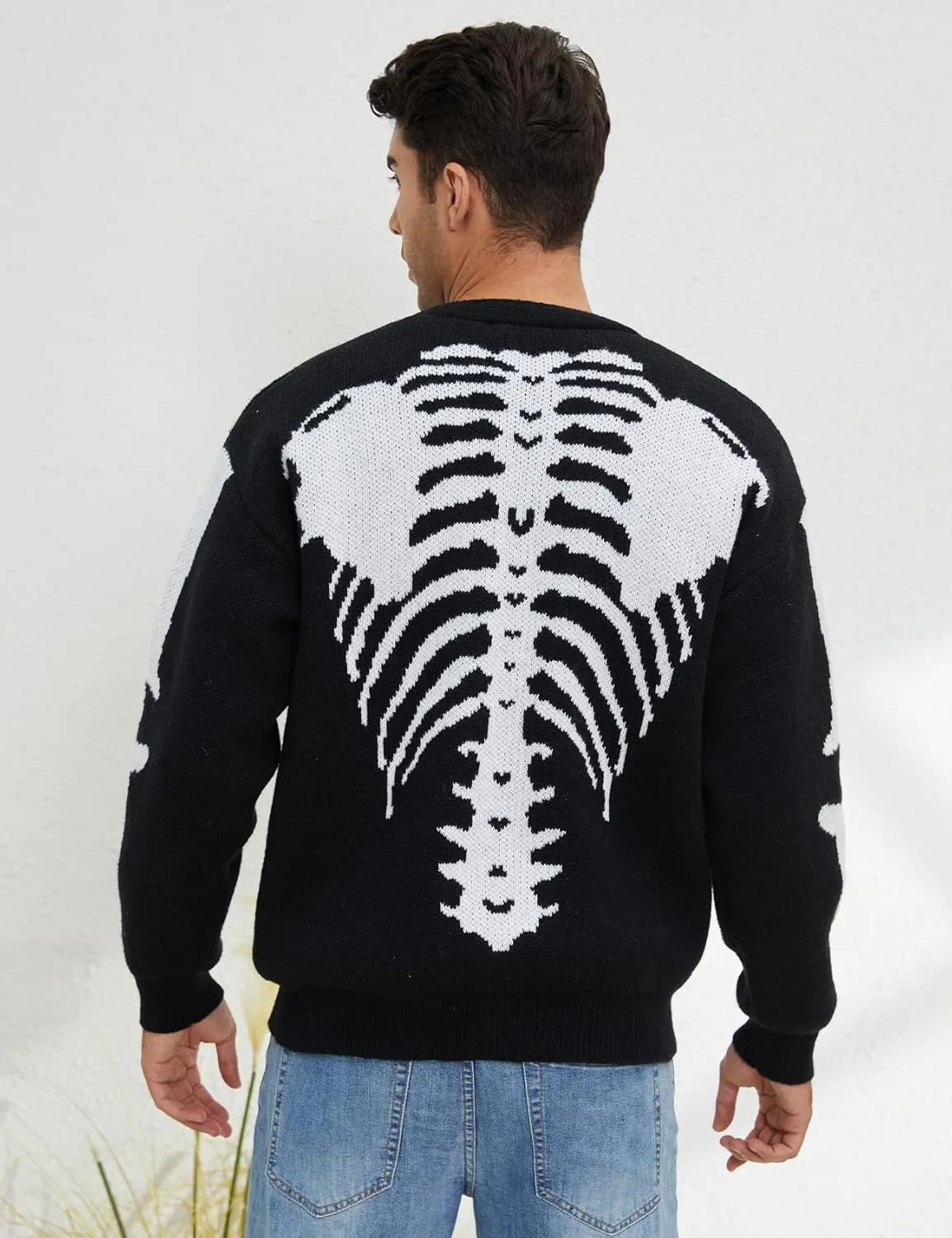 Wyeysyt Men's Skeleton Print Cardigan Sweaters Long Sleeve Oversized V Neck Button Down Outwear Coats