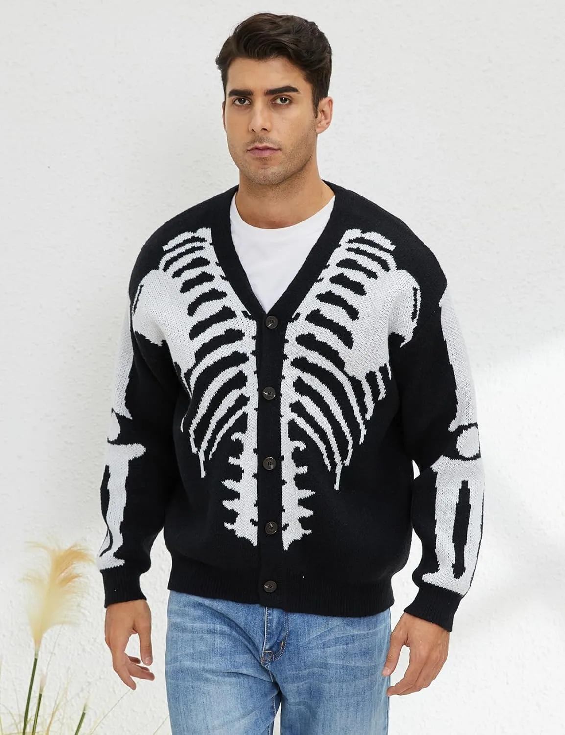 Wyeysyt Men's Skeleton Print Cardigan Sweaters Long Sleeve Oversized V Neck Button Down Outwear Coats