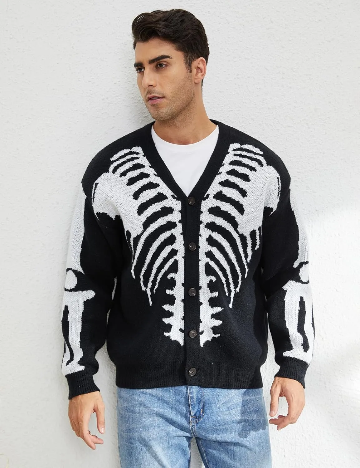 Wyeysyt Men's Skeleton Print Cardigan Sweaters Long Sleeve Oversized V Neck Button Down Outwear Coats