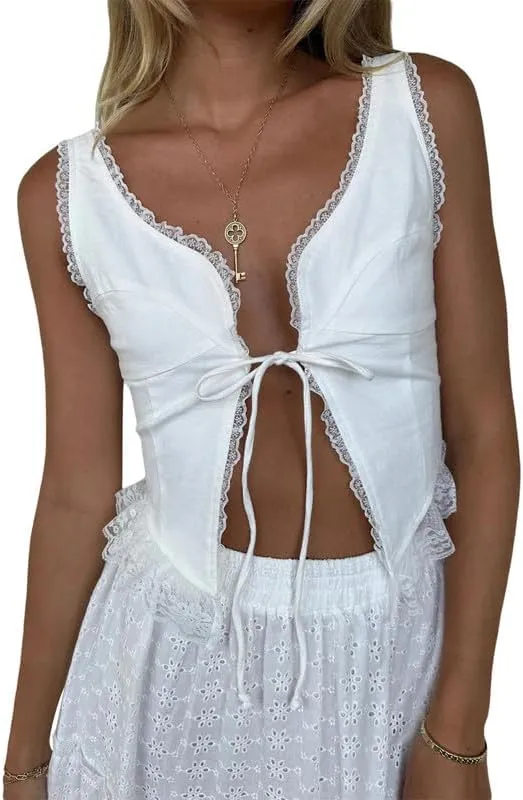 Y2K Low Neck Tie Up Front Camisole Sleeveless Lace Trim Cut Out Crop Tops V Neck Ruffle Frill Tank Top Going Out Vest