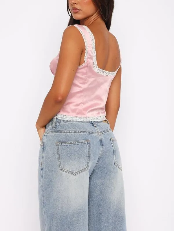 Y2K Low Neck Tie Up Front Camisole Sleeveless Lace Trim Cut Out Crop Tops V Neck Ruffle Frill Tank Top Going Out Vest