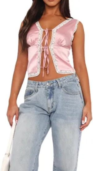 Y2K Low Neck Tie Up Front Camisole Sleeveless Lace Trim Cut Out Crop Tops V Neck Ruffle Frill Tank Top Going Out Vest
