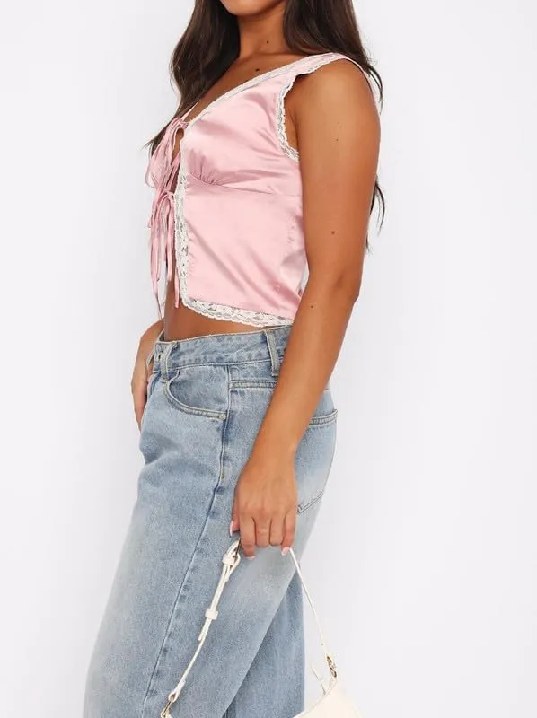 Y2K Low Neck Tie Up Front Camisole Sleeveless Lace Trim Cut Out Crop Tops V Neck Ruffle Frill Tank Top Going Out Vest