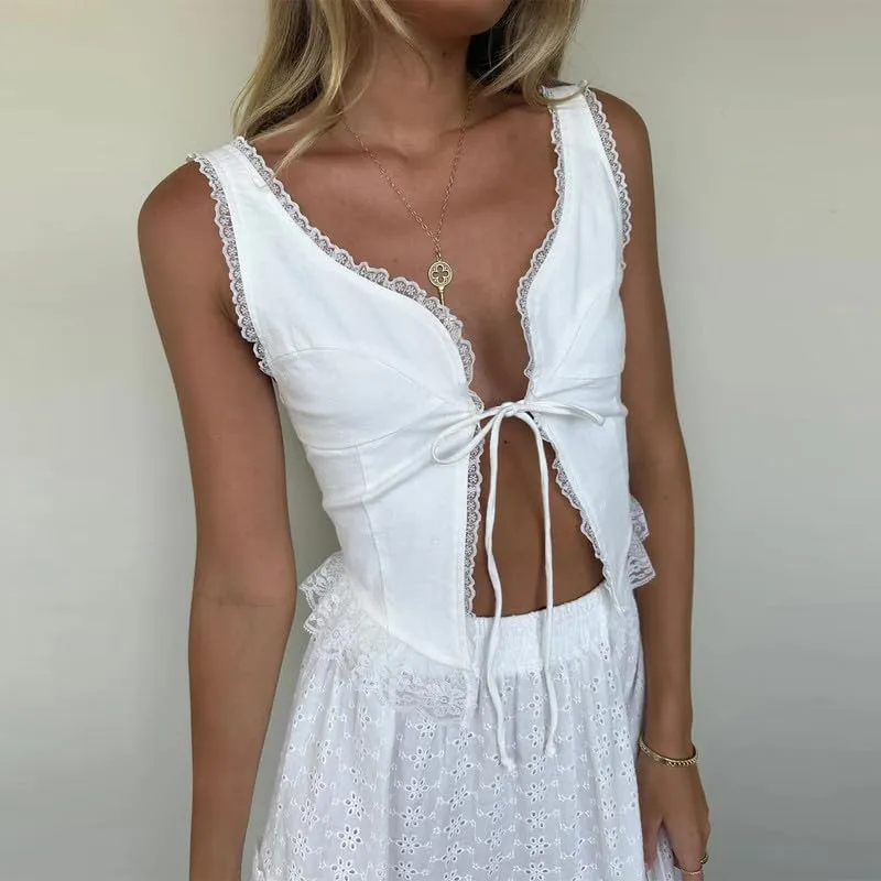 Y2K Low Neck Tie Up Front Camisole Sleeveless Lace Trim Cut Out Crop Tops V Neck Ruffle Frill Tank Top Going Out Vest
