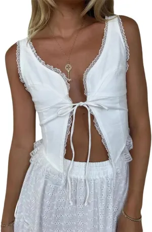 Y2K Low Neck Tie Up Front Camisole Sleeveless Lace Trim Cut Out Crop Tops V Neck Ruffle Frill Tank Top Going Out Vest