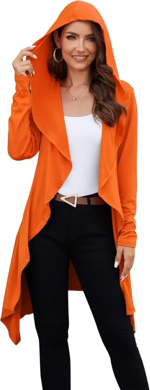 Yekaty Women's Long Hooded Cardigan Sweater Lightweight Ruffle Shawl Collar Drape Cape with Pockets