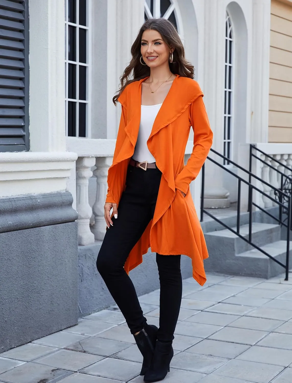 Yekaty Women's Long Hooded Cardigan Sweater Lightweight Ruffle Shawl Collar Drape Cape with Pockets