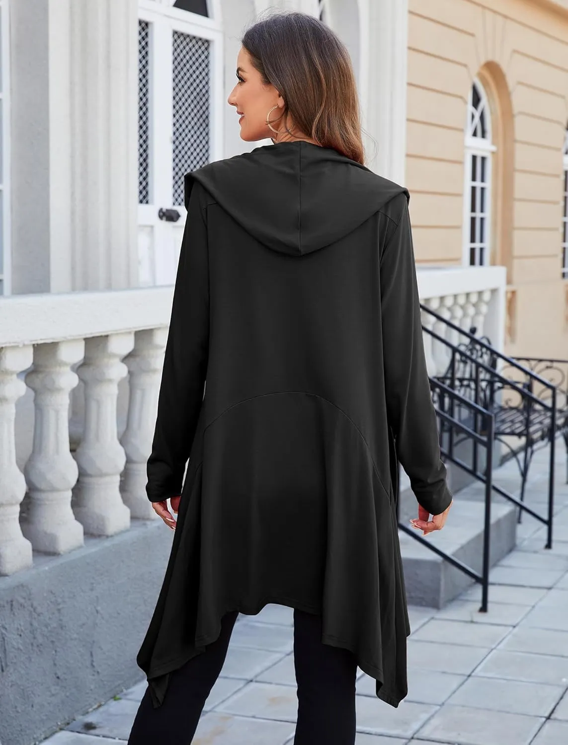 Yekaty Women's Long Hooded Cardigan Sweater Lightweight Ruffle Shawl Collar Drape Cape with Pockets