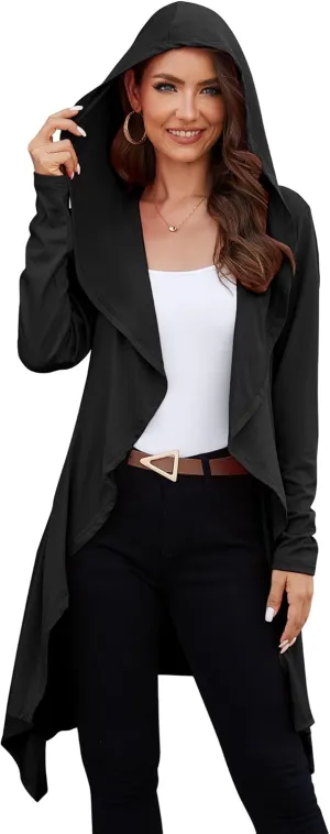 Yekaty Women's Long Hooded Cardigan Sweater Lightweight Ruffle Shawl Collar Drape Cape with Pockets