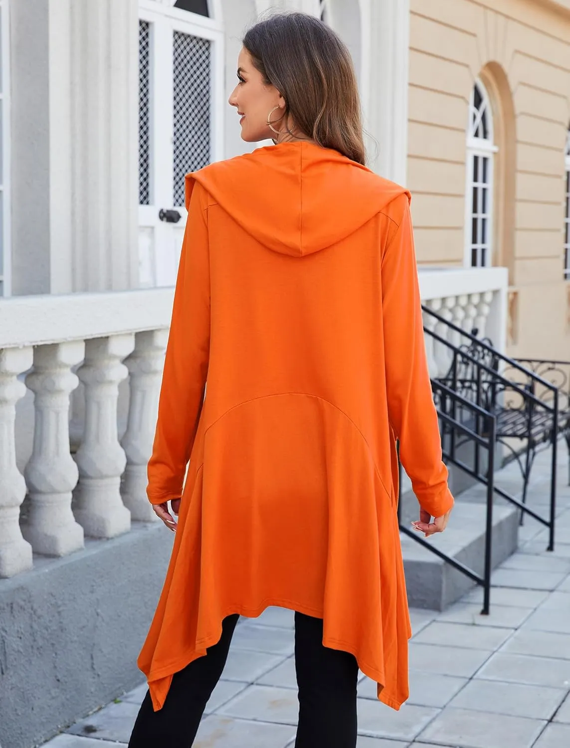 Yekaty Women's Long Hooded Cardigan Sweater Lightweight Ruffle Shawl Collar Drape Cape with Pockets
