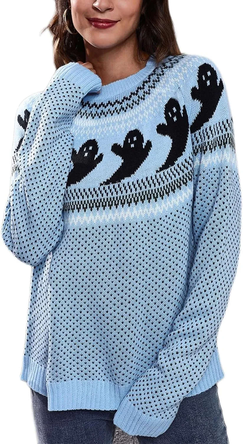 YEMOCILE Halloween Knitted Sweater for Women with Cute Ghost Pattern Gothic Streetwear with Long Sleeves