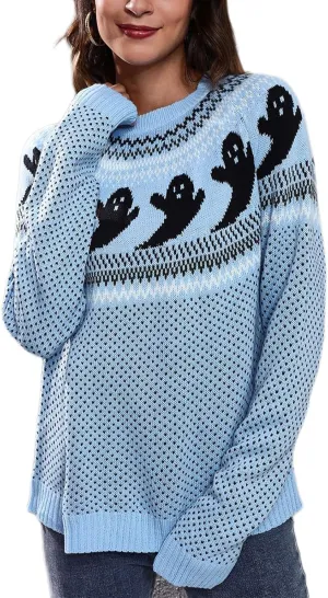 YEMOCILE Halloween Knitted Sweater for Women with Cute Ghost Pattern Gothic Streetwear with Long Sleeves