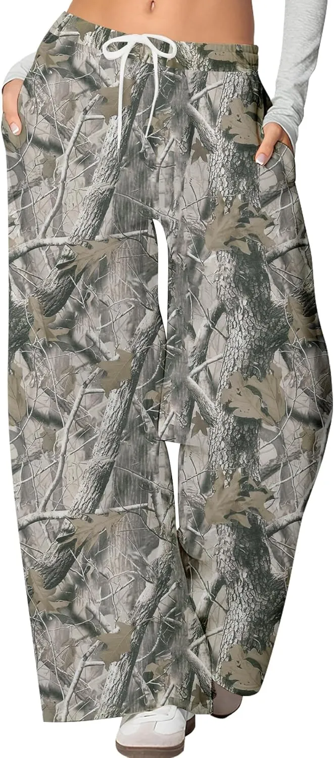 YKR Women's Camo Pants Y2K Camouflage Wide Leg Sweatpants Elastic Waist Drawstring Baggy Joggers with Pockets