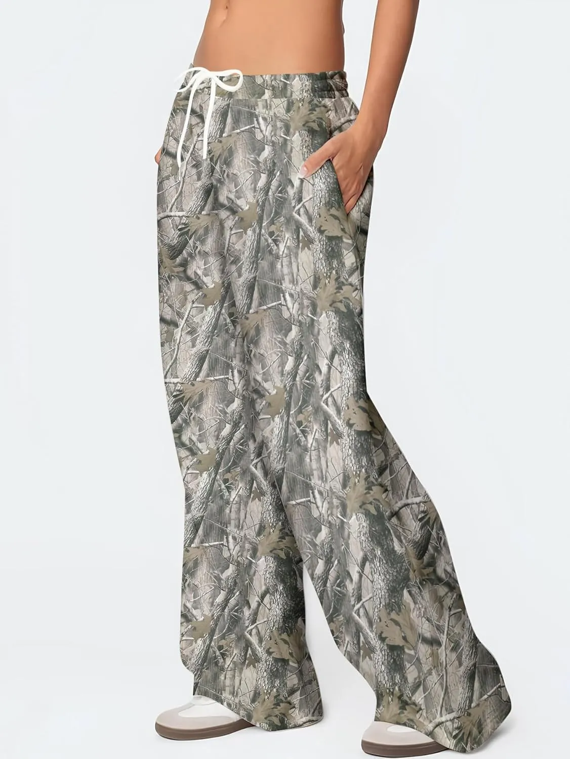 YKR Women's Camo Pants Y2K Camouflage Wide Leg Sweatpants Elastic Waist Drawstring Baggy Joggers with Pockets