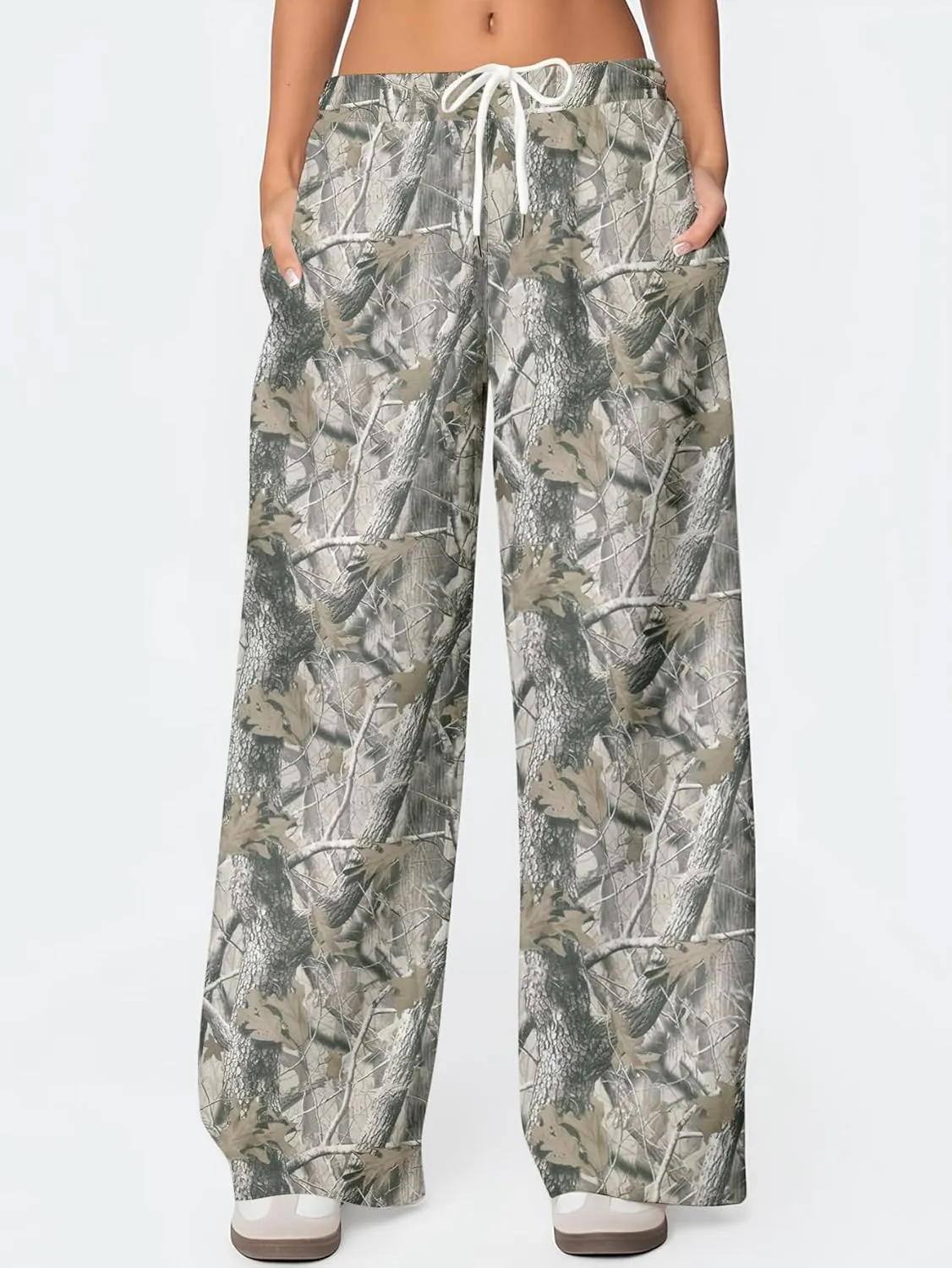 YKR Women's Camo Pants Y2K Camouflage Wide Leg Sweatpants Elastic Waist Drawstring Baggy Joggers with Pockets
