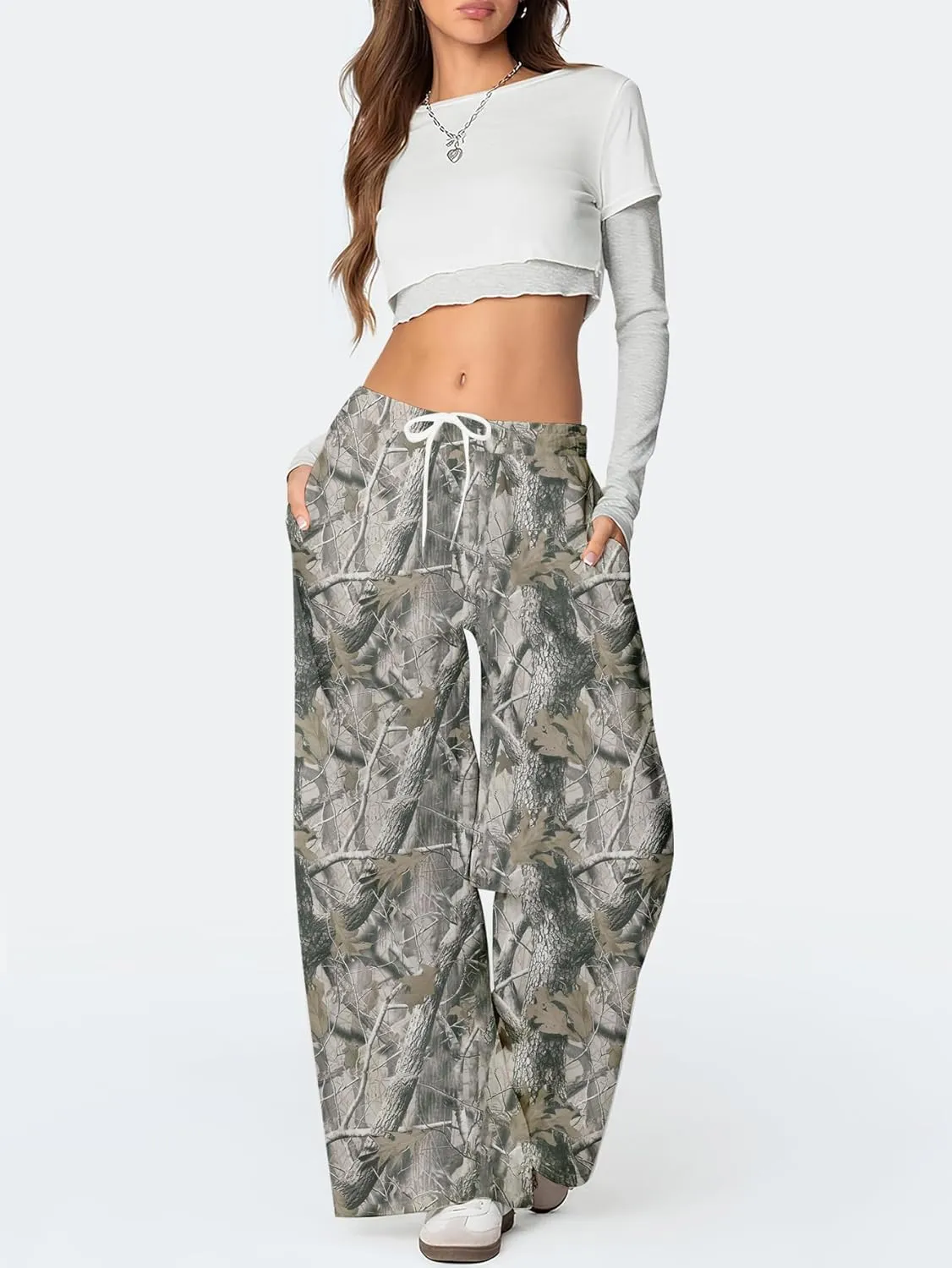 YKR Women's Camo Pants Y2K Camouflage Wide Leg Sweatpants Elastic Waist Drawstring Baggy Joggers with Pockets